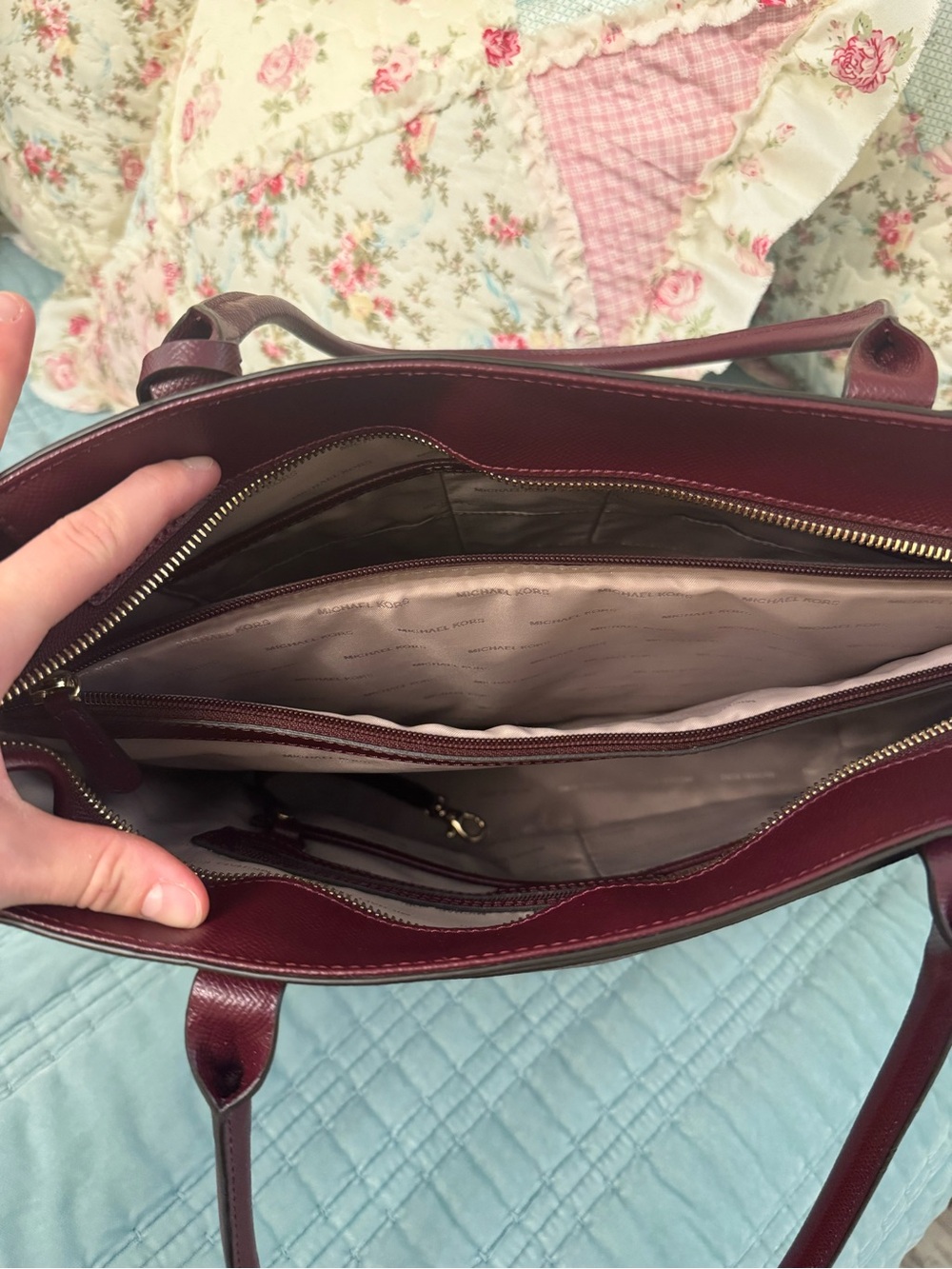 Michael Kors Burgundy Leather Tote with Gold MK Logo - Picture 3 of 3